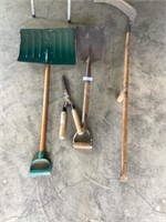 Snow shovel, hedge trimmer, shovel, & scythe