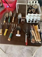 Group of gardening tools, paint supplies, &