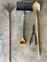 Rake, shovel, snow shovel, & hedge trimmer