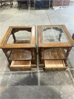 Two oak end tables One is missing the glass