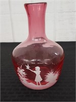 MARY GREGORY cranberry cameo vase / carafe 7.5"