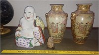 4pc Buddha figurine +2 chinoserie vases +carving