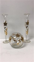 2 bud vases and a matching bowl