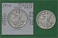 2- 1916 Walking Liberty Half Dollars