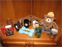 weights,mugs,fruit jars,smokey bear & items