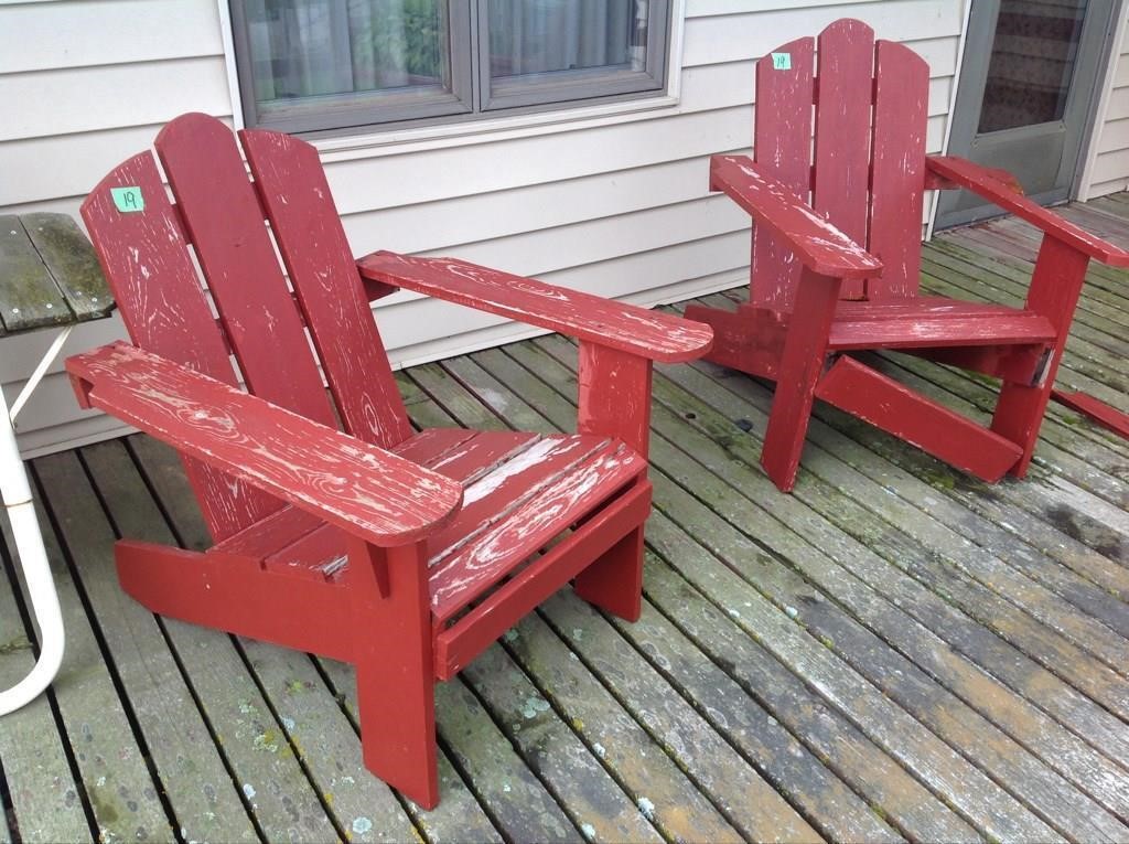 Two vintage wood patio chairs, one needs repair