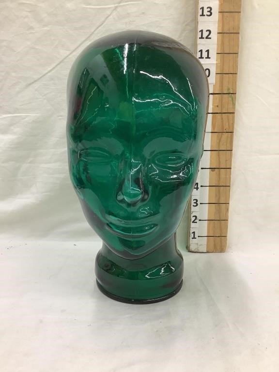 Green Glass Mannequin Head/Display, 11”T