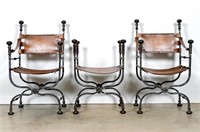 Pair, Wrought Iron Savanarola Chairs & Ottoman