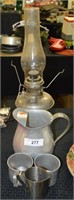 Vintage Oil Lamp, Pitcher and Cups
