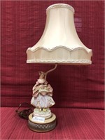 Porcelain figurine lamp with silk shade, 26”