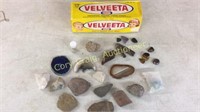 Lot of crystals, fossils in Vintage Velveeta box