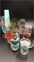 4 Tupperware plastic cups, Smurfs glass, dragon