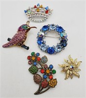 (U) Rhinestone Brooches - Bird, Floral and Crown