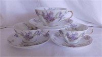 3 Haviland Limoges violets teacups & saucers