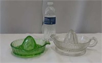 Vintage green and clear glass juicers, both have
