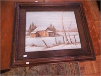 Winter landscape painting of barn in rough