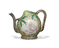 Chinese Peach-Shaped Famille Rose Teapot, 19th C#