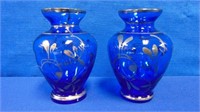 (2) Small Cobalt Blue Vases With Silver Decoration