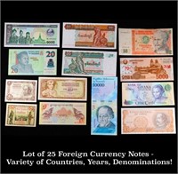 Lot of 25 Foreign Currency Notes - Variety of Coun