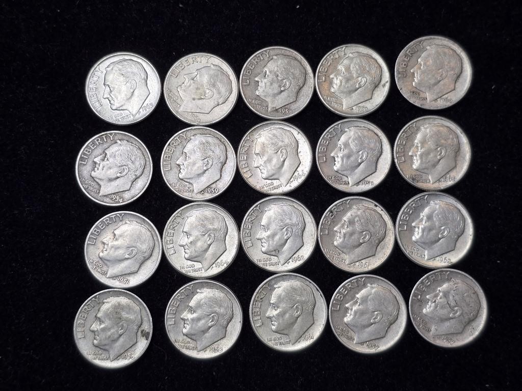 Various Dates Roosevelt Silver Dimes (20)1954-1964