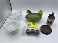 GROUP OF MISC GLASS CANDY DISHES, SMALL VINEGAR JA