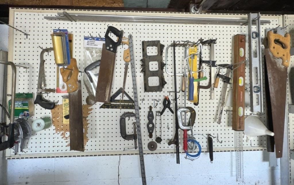 Wall of Vintage and Newer Tools! Saws, C Clamps,
