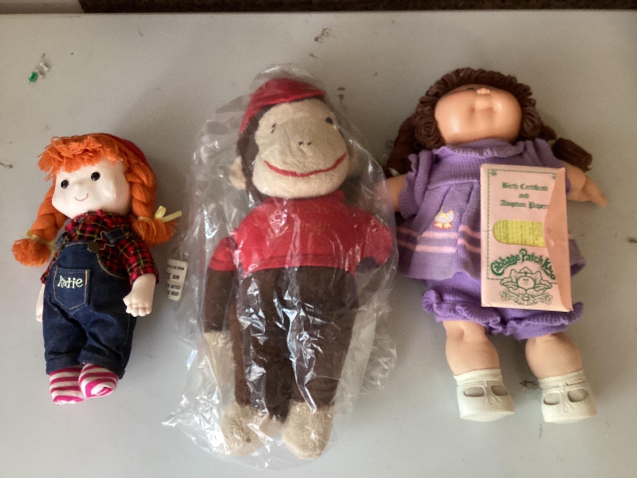 Cabbage patch, curious George and Katy doll