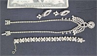 Vintage Rhinestone Necklace w Bracelet & Earrings
