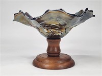 CARNIVAL GLASS COMPOTE ON WOODEN BASE