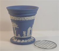 WEDGWOOD BLUE JASPERWARE LARGE VASE W/ METAL GRATE