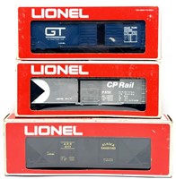 (3) Lionel O-Gauge Box Cars and Hopper in Boxes