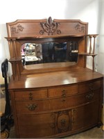 Antique Carved Oak Buffet w/Fancy Bev Mirror