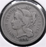 1881 3 CENT PIECE F