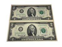 Lot of 2 Green Seal $2 Bills