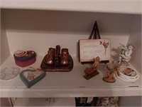Box of misc bronze shoes porcelain and more