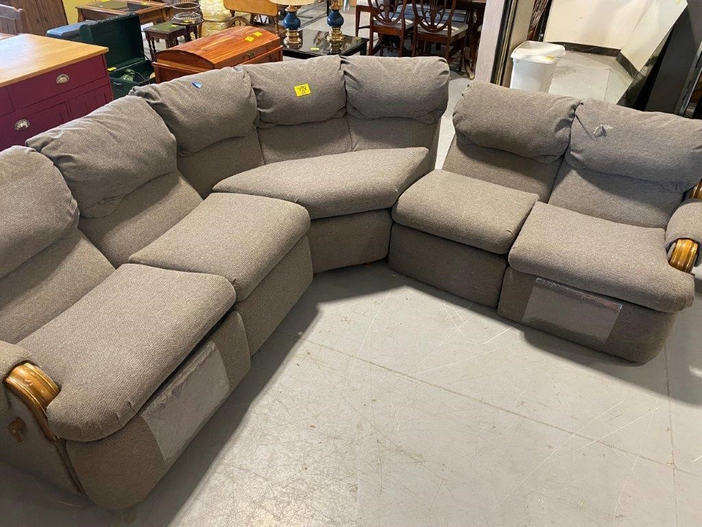 GREY UPHOLSTERED SECTIONAL COUCH (ONE RIP HOLE TO