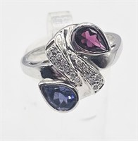 14K White Gold Ring with Diamonds, Red & Blue