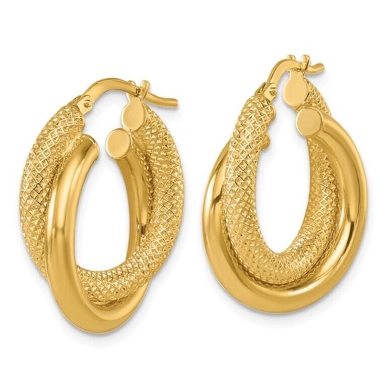 14K Polished and Textured Round Hoop Earrings
