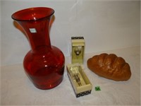Wine Stoppers (New), Red Glass Vase, Fake Bread