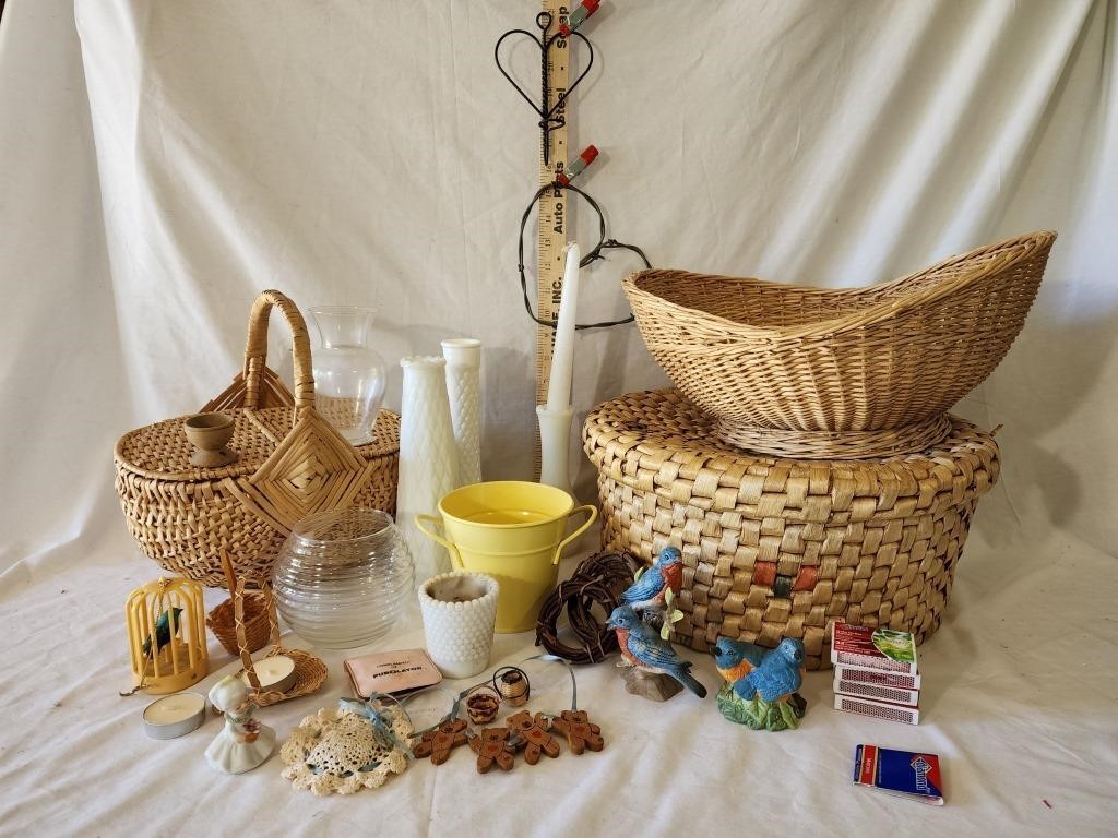 Baskets, Milk Glass Vases, Barbed Wire Heart