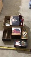 Decorative boxes, basket, doll