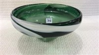 Green & White Heavy Art Glass Bowl-Signed on