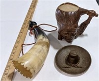 Indian Head Mug, Powder Horn & Copper Hat Ashtray