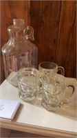 Treetop glass jug, 3 rootbeer weighted glass mugs