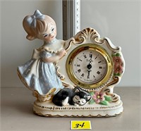 Vtg Rotin German Porcelain Clock Girl Works