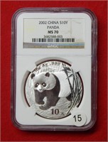 2002 Chinese Panda 10 Yuan NGC MS70 1 Oz Silver