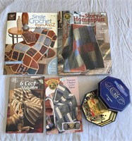 Crochet Books and Tin of Pins
