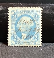 1800's U.S. 2c Blue Bank check R2