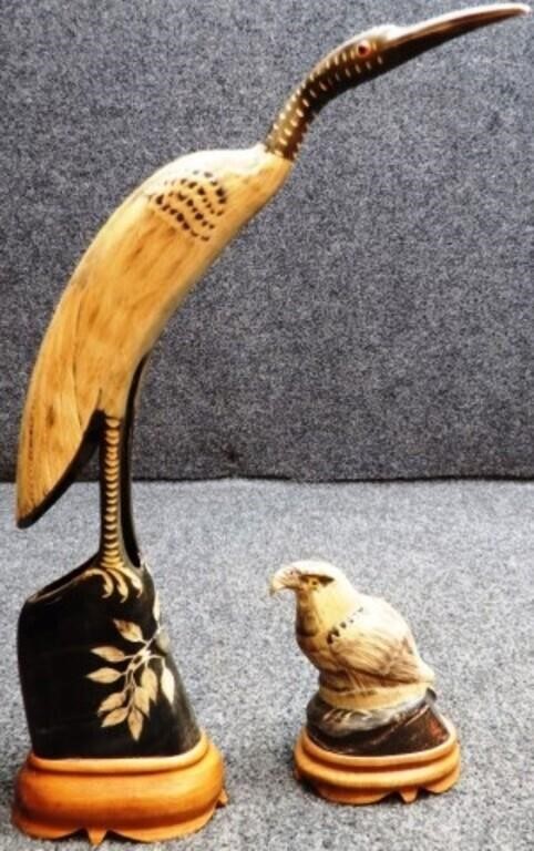 (2) Hand-Carved Buffalo / Steer Horns - Birds