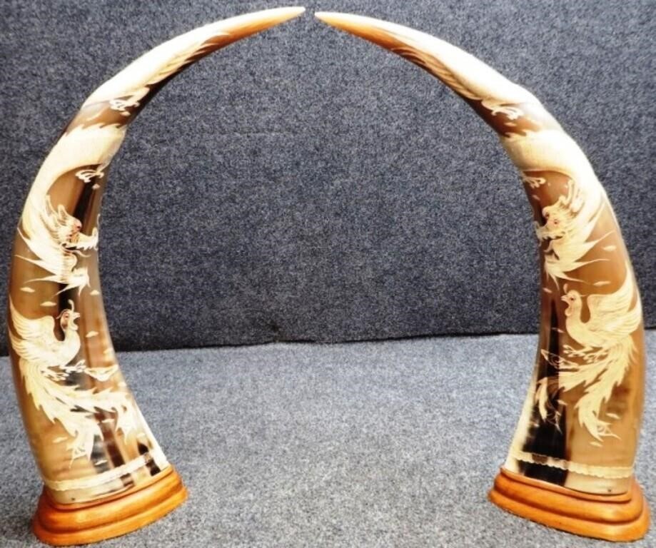 Hand-Carved Buffalo / Steer Horns - Bird & Dragon